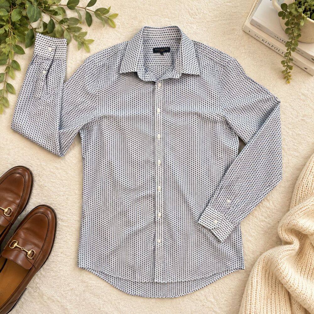 Alexandre London Men's 15.5 Blue White Geometric 100% Cotton Dress Shirt